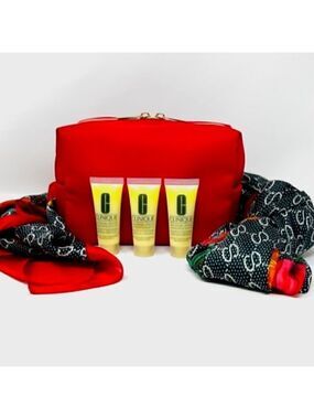 5 pc set- Clinique dramatically different moisturizer, scarf and cosmetic bag